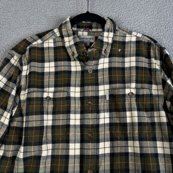 Carhartt Flannel Shirt Men Large Green Plaid Relaxed Button Workwear SPOTS PAINT - Picture 5 of 16